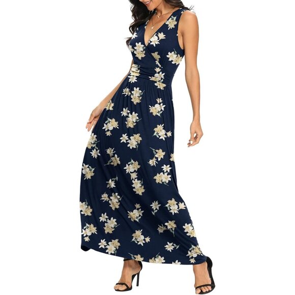 Women Blue Lily Deep V Neck Sleeveless Loose Plain Long Maxi Stretchy Dress - Picture 4 of 4